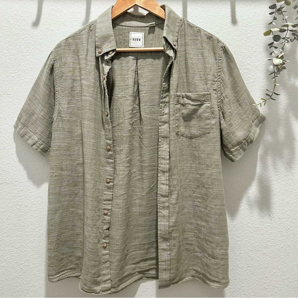 ROWM Men’s Casual Green Button Down Shirt with Short Sleeves